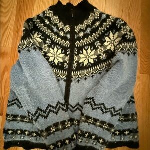Blue and Black Nordic Zip-Front Women's Sweater
